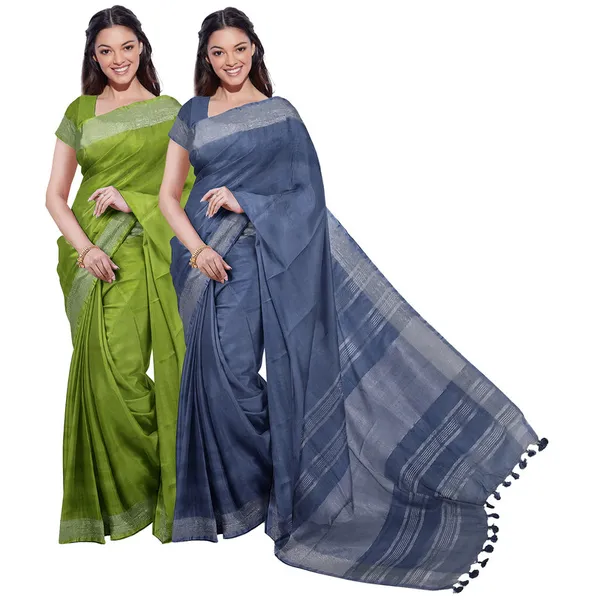 Green_&_Lake_Blue_women's_Bhagalpuri_Handloom_Cotton-Linen_Blend_Saree_Combo_(Pack_Of_2)_With_Running_Unstitched_Blouse_Piece