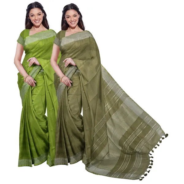 Green_&_Moss_Green_women's_Bhagalpuri_Handloom_Cotton-Linen_Blend_Saree_Combo_(Pack_Of_2)_With_Running_Unstiched_Blouse_Piece