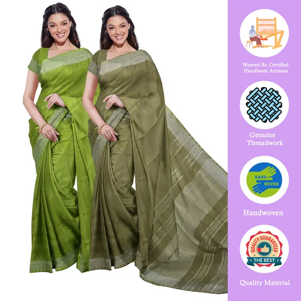 Green_&_Moss_Green_women's_Bhagalpuri_Handloom_Cotton-Linen_Blend_Saree_Combo_(Pack_Of_2)_With_Running_Unstiched_Blouse_Piece