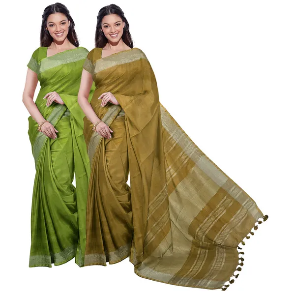 Green_&_Olive_Green_women's_Bhagalpuri_Handloom_Cotton-Linen_Blend_Saree_Combo_(Pack_Of_2)_With_Running_Unstiched_Blouse_Piece