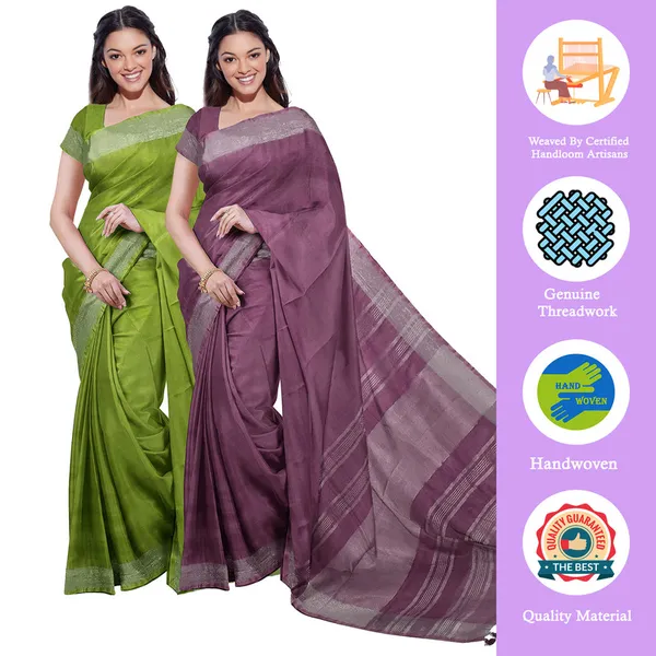 Green_&_Quinacridone_Magenta_women's_Bhagalpuri_Handloom_Cotton-Linen_Blend_Saree_Combo_(Pack_Of_2)_With_Running_Unstiched_Blouse_Piece