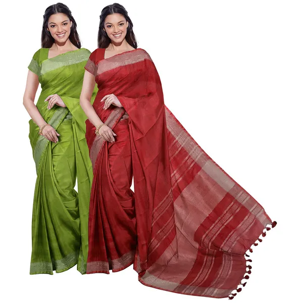 Green_&_Red_women's_Bhagalpuri_Handloom_Cotton-Linen_Blend_Saree_Combo_(Pack_Of_2)_With_Running_Unstiched_Blouse_Piece