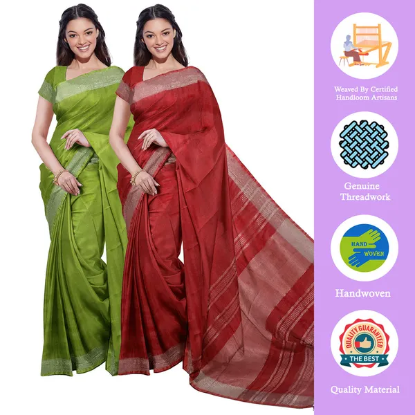 Green_&_Red_women's_Bhagalpuri_Handloom_Cotton-Linen_Blend_Saree_Combo_(Pack_Of_2)_With_Running_Unstiched_Blouse_Piece
