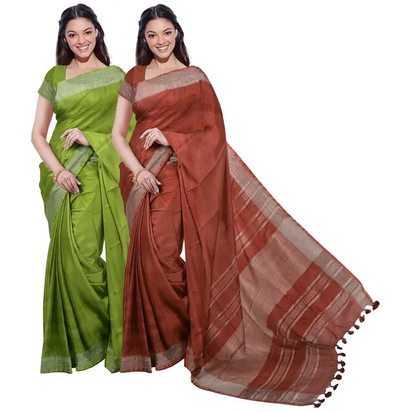 Green_&_Sienna_Orange_women's_Bhagalpuri_Handloom_Cotton-Linen_Blend_Saree_Combo_(Pack_Of_2)_With_Running_Unstiched_Blouse_Piece