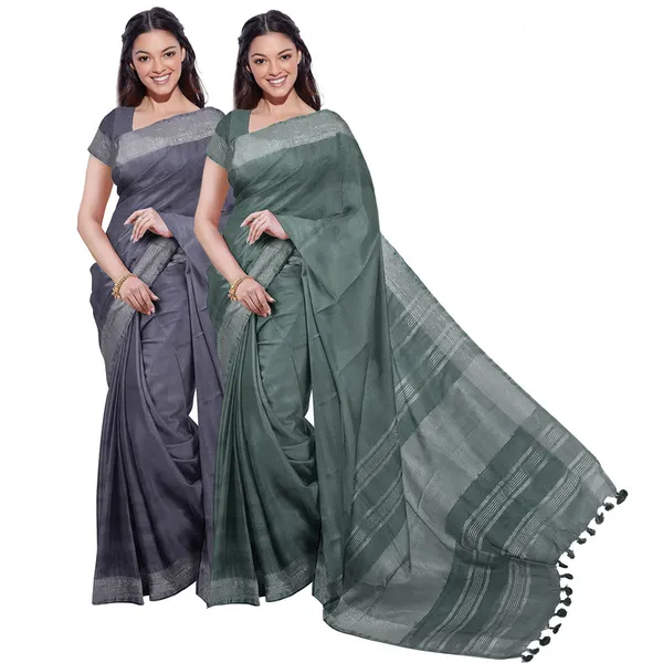 Grey_&_Hookers'_Green_women's_Bhagalpuri_Handloom_Cotton-Linen_Blend_Saree_Combo_(Pack_Of_2)_With_Running_Unstiched_Blouse_Piece