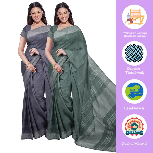 Grey_&_Hookers'_Green_women's_Bhagalpuri_Handloom_Cotton-Linen_Blend_Saree_Combo_(Pack_Of_2)_With_Running_Unstiched_Blouse_Piece