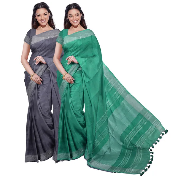 Bhagalpuri_Handloom_Cotton-Linen_Blend_Saree_Combo_(Pack_Of_2)_With_Running_Unstiched_Blouse_Piece