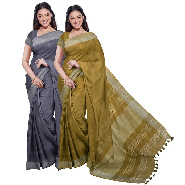Grey_&_Olive_Green_women's_Bhagalpuri_Handloom_Cotton-Linen_Blend_Saree_Combo_(Pack_Of_2)_With_Running_Unstiched_Blouse_Piece