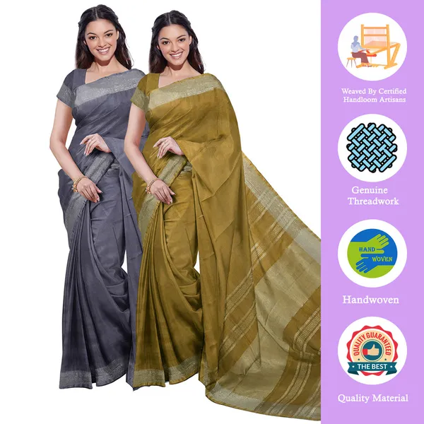 Grey_&_Olive_Green_women's_Bhagalpuri_Handloom_Cotton-Linen_Blend_Saree_Combo_(Pack_Of_2)_With_Running_Unstiched_Blouse_Piece