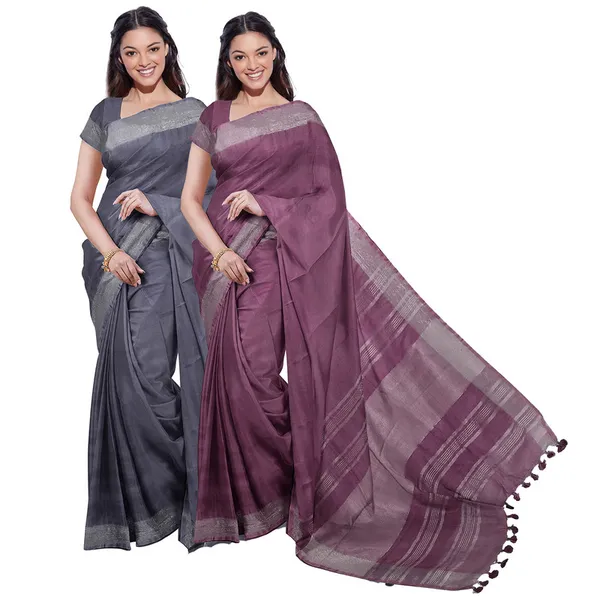 Grey_&_Quinacridone_Magenta_women's_Bhagalpuri_Handloom_Cotton-Linen_Blend_Saree_Combo_(Pack_Of_2)_With_Running_Unstiched_Blouse_Piece