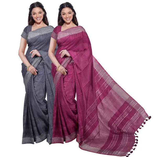 Grey_&_Raspberry_Pink_women's_Bhagalpuri_Handloom_Cotton-Linen_Blend_Saree_Combo_(Pack_Of_2)_With_Running_Unstiched_Blouse_Piece