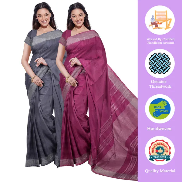 Grey_&_Raspberry_Pink_women's_Bhagalpuri_Handloom_Cotton-Linen_Blend_Saree_Combo_(Pack_Of_2)_With_Running_Unstiched_Blouse_Piece