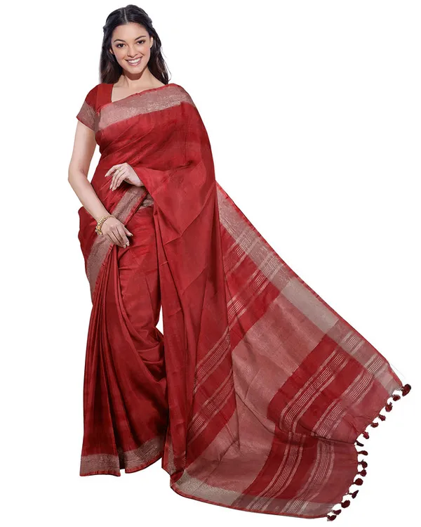 Grey_&_Red_women's_Bhagalpuri_Handloom_Cotton-Linen_Blend_Saree_With_Running_Unstiched_Blouse_Piece