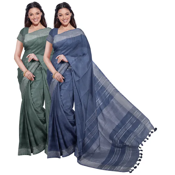 Bhagalpuri_Handloom_Cotton-Linen_Blend_Saree_Combo_(Pack_Of_2)_With_Running_Unstiched_Blouse_Piece
