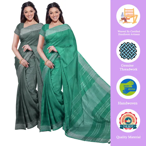 Hookers'_Green_&_Mint_Green_women's_Bhagalpuri_Handloom_Cotton-Linen_Blend_Saree_Combo_(Pack_Of_2)_With_Running_Unstiched_Blouse_Piece