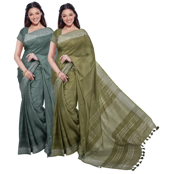 Hookers'_Green_&_Moss_Green_women's_Bhagalpuri_Handloom_Cotton-Linen_Blend_Saree_Combo_(Pack_Of_2)_With_Running_Unstiched_Blouse_Piece