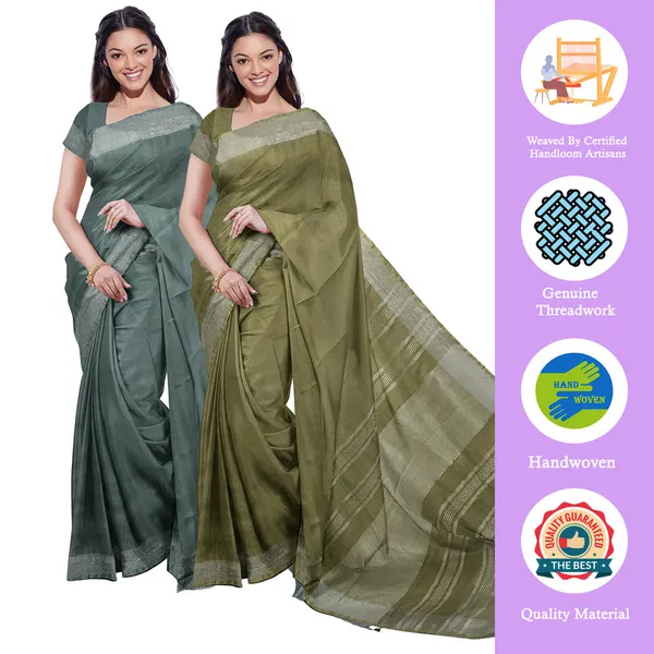 Hookers'_Green_&_Moss_Green_women's_Bhagalpuri_Handloom_Cotton-Linen_Blend_Saree_Combo_(Pack_Of_2)_With_Running_Unstiched_Blouse_Piece