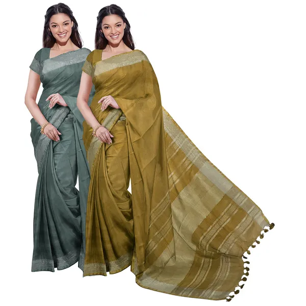 Hookers'_Green_&_Olive_Green_women's_Bhagalpuri_Handloom_Cotton-Linen_Blend_Saree_Combo_(Pack_Of_2)_With_Running_Unstiched_Blouse_Piece