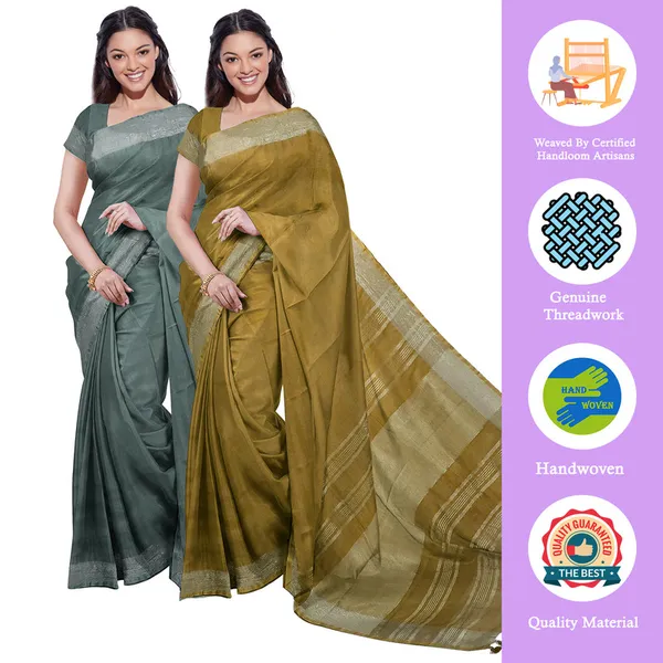 Hookers'_Green_&_Olive_Green_women's_Bhagalpuri_Handloom_Cotton-Linen_Blend_Saree_Combo_(Pack_Of_2)_With_Running_Unstiched_Blouse_Piece