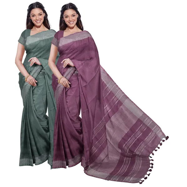 Hookers'_Green_&_Quinacridone_Magenta_women's_Bhagalpuri_Handloom_Cotton-Linen_Blend_Saree_Combo_(Pack_Of_2)_With_Running_Unstiched_Blouse_Piece