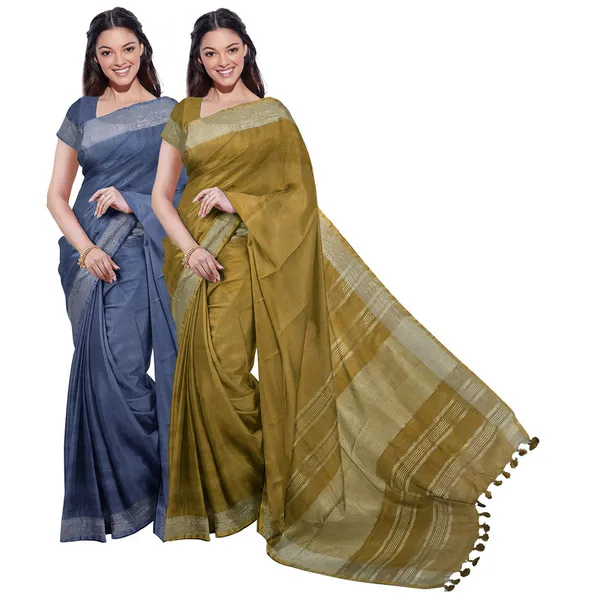 Lake_Blue_&_Olive_Green_women's_Bhagalpuri_Handloom_Cotton-Linen_Blend_Saree_Combo_(Pack_Of_2)_With_Running_Unstitched_Blouse_Piece