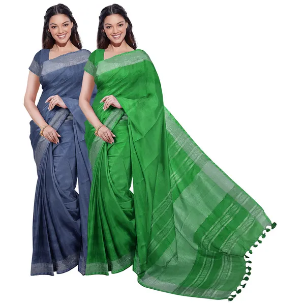 Bhagalpuri_Handloom_Cotton-Linen_Blend_Saree_Combo_(Pack_Of_2)_With_Running_Unstiched_Blouse_Piece