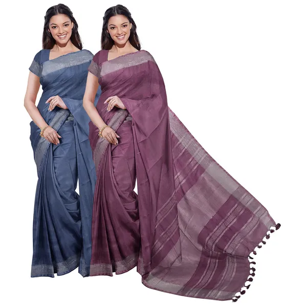 Lake_Blue_&_Quinacridone_Magenta_women's_Bhagalpuri_Handloom_Cotton-Linen_Blend_Saree_Combo_(Pack_Of_2)_With_Running_Unstiched_Blouse_Piece
