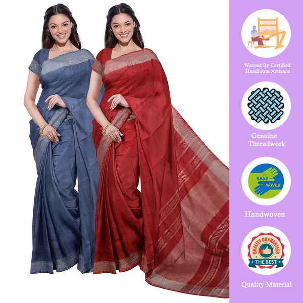 Lake_Blue_&_Red_women's_Bhagalpuri_Handloom_Cotton-Linen_Blend_Saree_Combo_(Pack_Of_2)_With_Running_Unstiched_Blouse_Piece