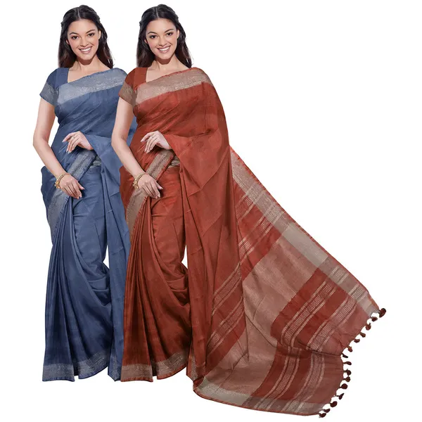 Lake_Blue_&_Sienna_Orange_women's__Bhagalpuri_Handloom_Cotton-Linen_Blend_Saree_Combo_(Pack_Of_2)_With_Running_Unstiched_Blouse_Piece