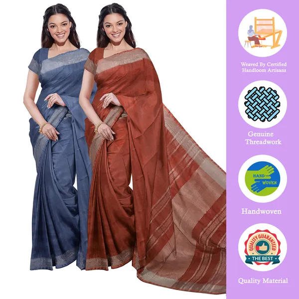 Lake_Blue_&_Sienna_Orange_women's__Bhagalpuri_Handloom_Cotton-Linen_Blend_Saree_Combo_(Pack_Of_2)_With_Running_Unstiched_Blouse_Piece