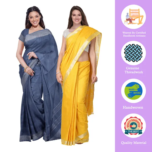 Lake_Blue_&_Yellow_women's_Bhagalpuri_Handloom_Cotton-Linen_Blend_Saree_Combo_(Pack_Of_2)_With_Running_Unstiched_Blouse_Piece