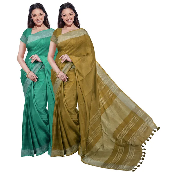 Mint_Green_&_Olive_Green_women's_Bhagalpuri_Handloom_Cotton-Linen_Blend_Saree_Combo_(Pack_Of_2)_With_Running_Unstiched_Blouse_Piece