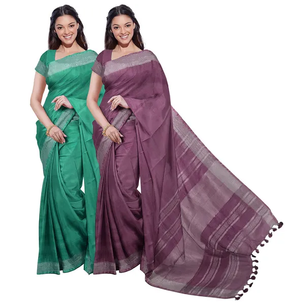 Mint_Green_&_Quinacridone_Magenta_women's_Bhagalpuri_Handloom_Cotton-Linen_Blend_Saree_Combo_(Pack_Of_2)_With_Running_Unstiched_Blouse_Piece