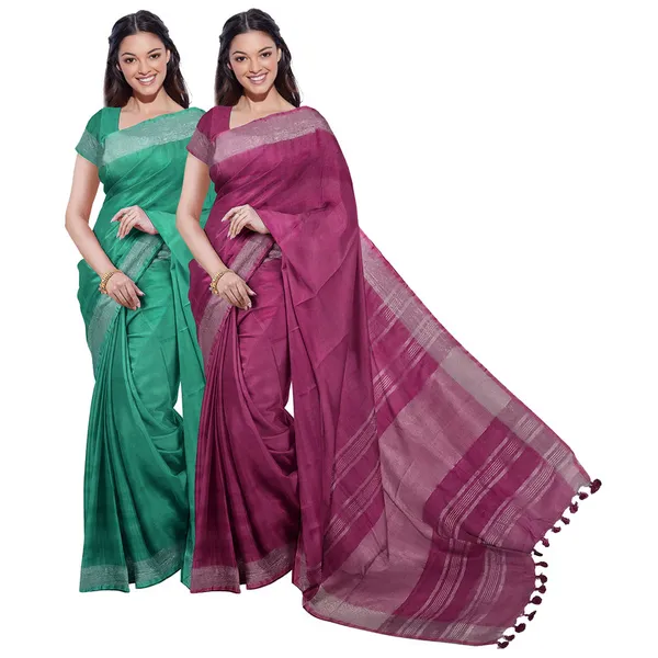 Mint_Green_&_Raspberry_Pink_women's_Bhagalpuri_Handloom_Cotton-Linen_Blend_Saree_Combo_(Pack_Of_2)_With_Running_Unstiched_Blouse_Piece