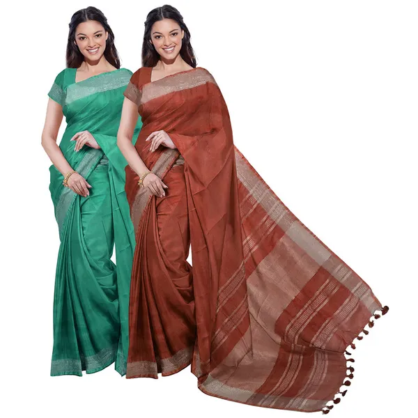 Mint_Green_&_Sienna_Orange_women's_Bhagalpuri_Handloom_Cotton-Linen_Blend_Saree_Combo_(Pack_Of_2)_With_Running_Unstiched_Blouse_Piece