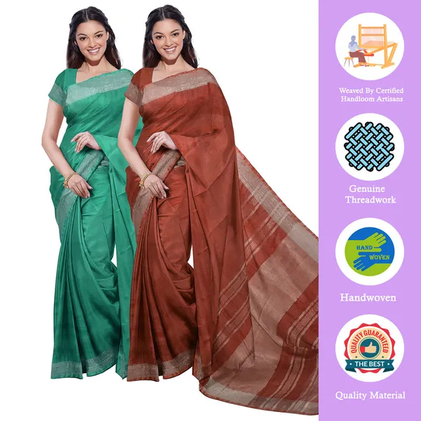 Mint_Green_&_Sienna_Orange_women's_Bhagalpuri_Handloom_Cotton-Linen_Blend_Saree_Combo_(Pack_Of_2)_With_Running_Unstiched_Blouse_Piece