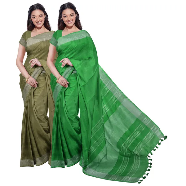 Moss_Green_&_Pigment_Green_women's_Bhagalpuri_Handloom_Cotton-Linen_Blend_Saree_Combo_(Pack_Of_2)_With_Running_Unstiched_Blouse_Piece