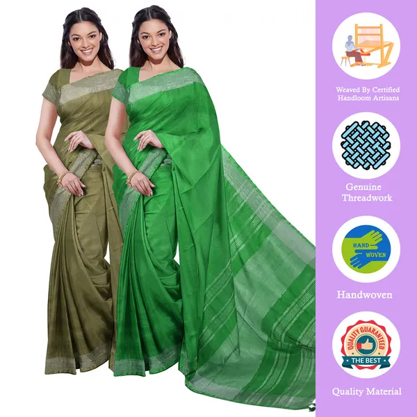 Moss_Green_&_Pigment_Green_women's_Bhagalpuri_Handloom_Cotton-Linen_Blend_Saree_Combo_(Pack_Of_2)_With_Running_Unstiched_Blouse_Piece