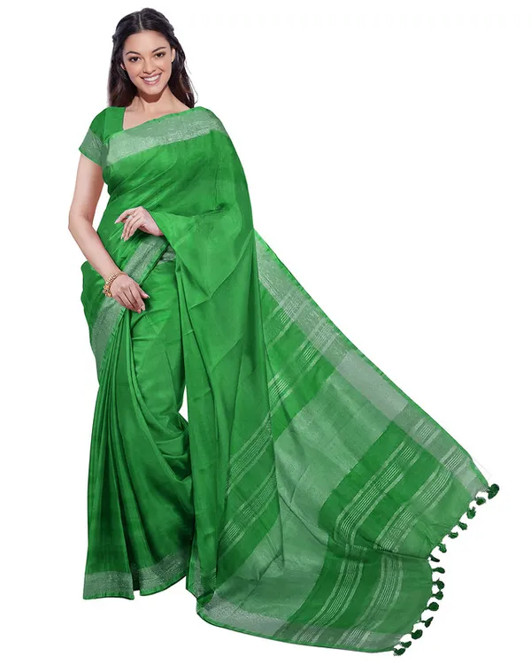 Moss_Green_&_Pigment_Green_women's_Bhagalpuri_Handloom_Cotton-Linen_Blend_Saree_Combo_(Pack_Of_2)_With_Running_Unstiched_Blouse_Piece