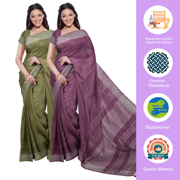 Moss_Green_&_Quinacridone_Magenta_women's_Bhagalpuri_Handloom_Cotton-Linen_Blend_Saree_Combo_(Pack_Of_2)_With_Running_Unstiched_Blouse_Piece