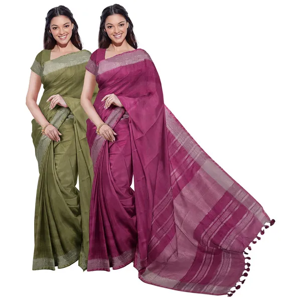 Moss_Green_&_Raspberry_Pink_women's_Bhagalpuri_Handloom_Cotton-Linen_Blend_Saree_Combo_(Pack_Of_2)_With_Running_Unstiched_Blouse_Piece