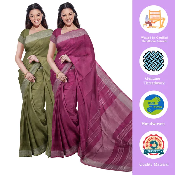 Moss_Green_&_Raspberry_Pink_women's_Bhagalpuri_Handloom_Cotton-Linen_Blend_Saree_Combo_(Pack_Of_2)_With_Running_Unstiched_Blouse_Piece
