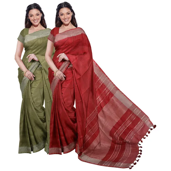 Moss_Green_&_Red_women's_Bhagalpuri_Handloom_Cotton-Linen_Blend_Saree_Combo_(Pack_Of_2)_With_Running_Unstiched_Blouse_Piece