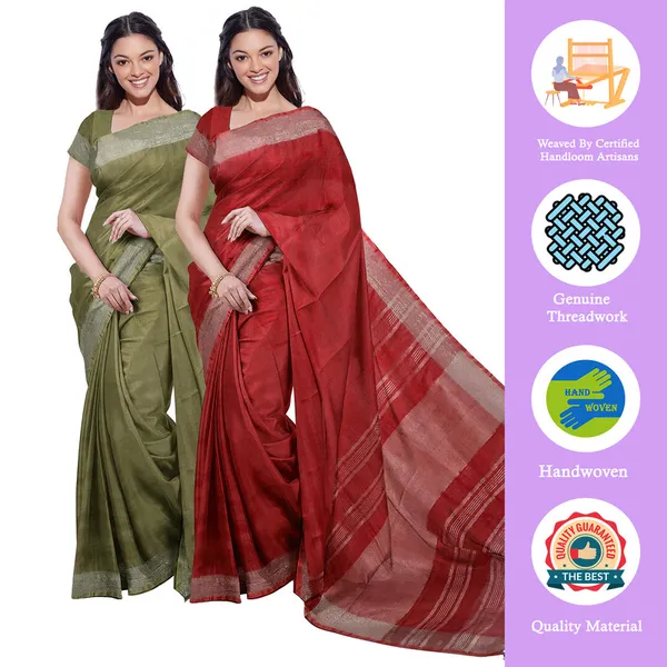 Moss_Green_&_Red_women's_Bhagalpuri_Handloom_Cotton-Linen_Blend_Saree_Combo_(Pack_Of_2)_With_Running_Unstiched_Blouse_Piece