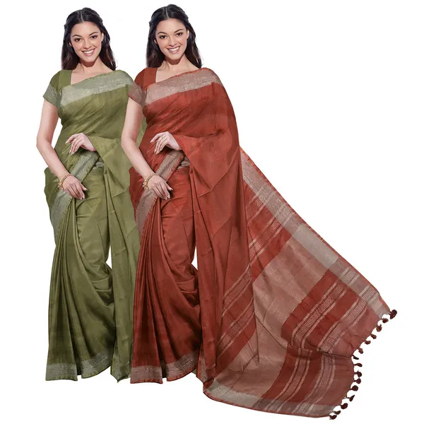 Moss_Green_&_Sienna_Orange_women's_Bhagalpuri_Handloom_Cotton-Linen_Blend_Saree_Combo_(Pack_Of_2)_With_Running_Unstiched_Blouse_Piece