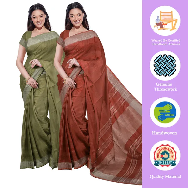 Moss_Green_&_Sienna_Orange_women's_Bhagalpuri_Handloom_Cotton-Linen_Blend_Saree_Combo_(Pack_Of_2)_With_Running_Unstiched_Blouse_Piece