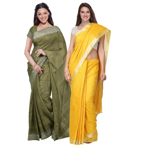 Moss_Green_&_Yellow_women's_Bhagalpuri_Handloom_Cotton-Linen_Blend_Saree_Combo_(Pack_Of_2)_With_Running_Unstiched_Blouse_Piece