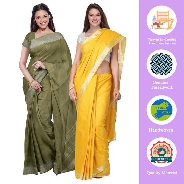 Moss_Green_&_Yellow_women's_Bhagalpuri_Handloom_Cotton-Linen_Blend_Saree_Combo_(Pack_Of_2)_With_Running_Unstiched_Blouse_Piece