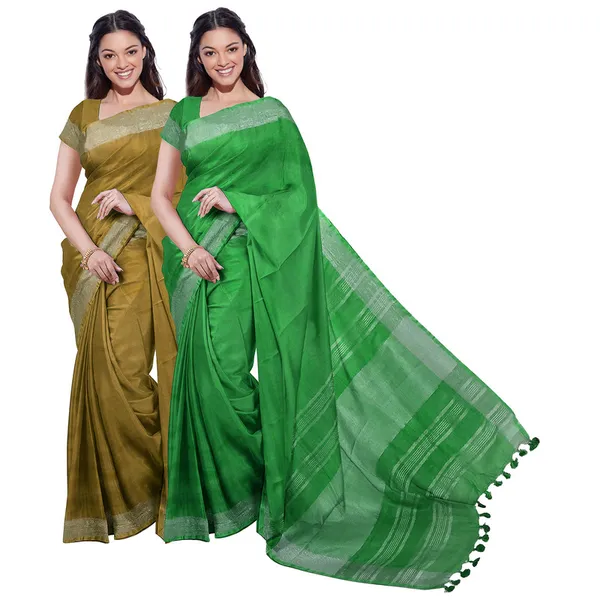 Olive_Green_&_Pigment_Green_women's_Bhagalpuri_Handloom_Cotton-Linen_Blend_Saree_Combo_(Pack_Of_2)_With_Running_Unstiched_Blouse_Piece