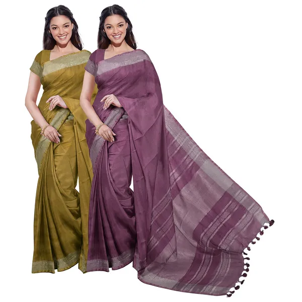 Olive_Green_&_Quinacridone_Magenta_women's_Bhagalpuri_Handloom_Cotton-Linen_Blend_Saree_Combo_(Pack_Of_2)_With_Running_Unstiched_Blouse_Piece
